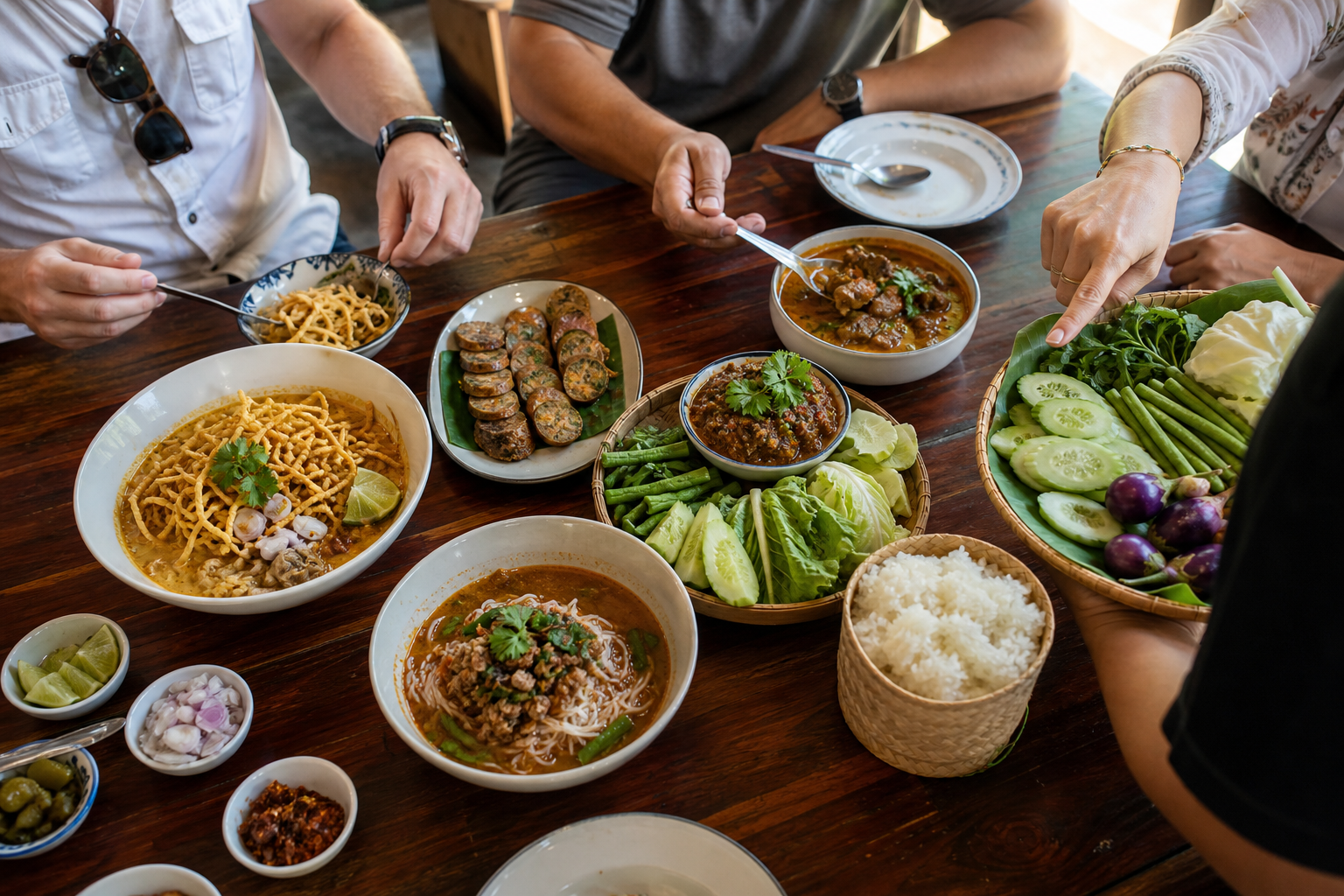 Travelers share representative Northern Thai curries, noodles, sausage and chilli dip