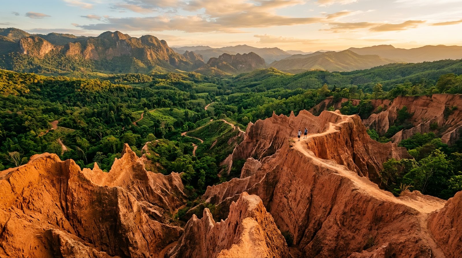 AI editorial illustration of eroded red-earth canyon ridges above a forested valley at sunset with two distant figures