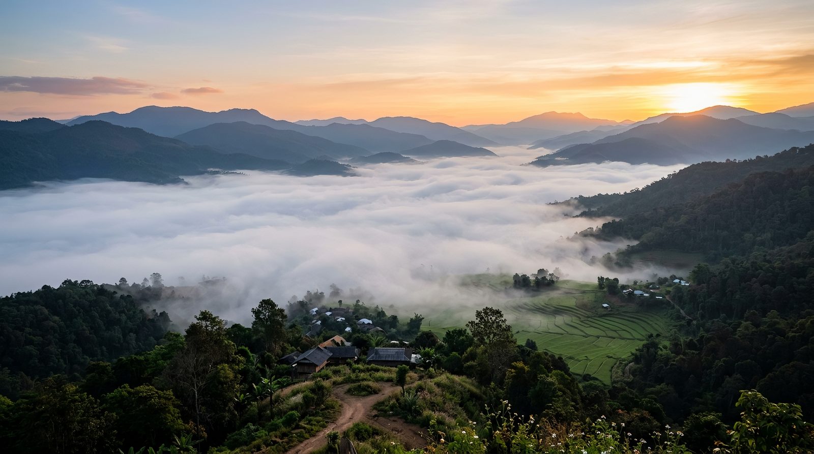 AI editorial illustration of a northern Thai mountain valley filled with a sea of mist at sunrise with rice fields below