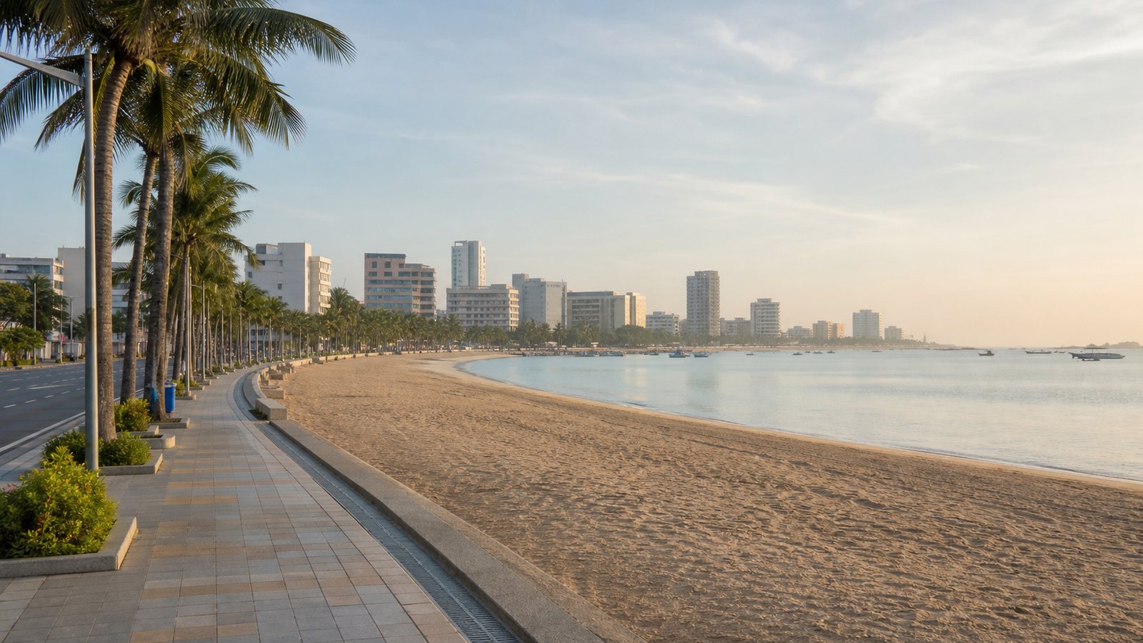 AI editorial illustration of a palm-lined urban Gulf beach and promenade in soft morning light