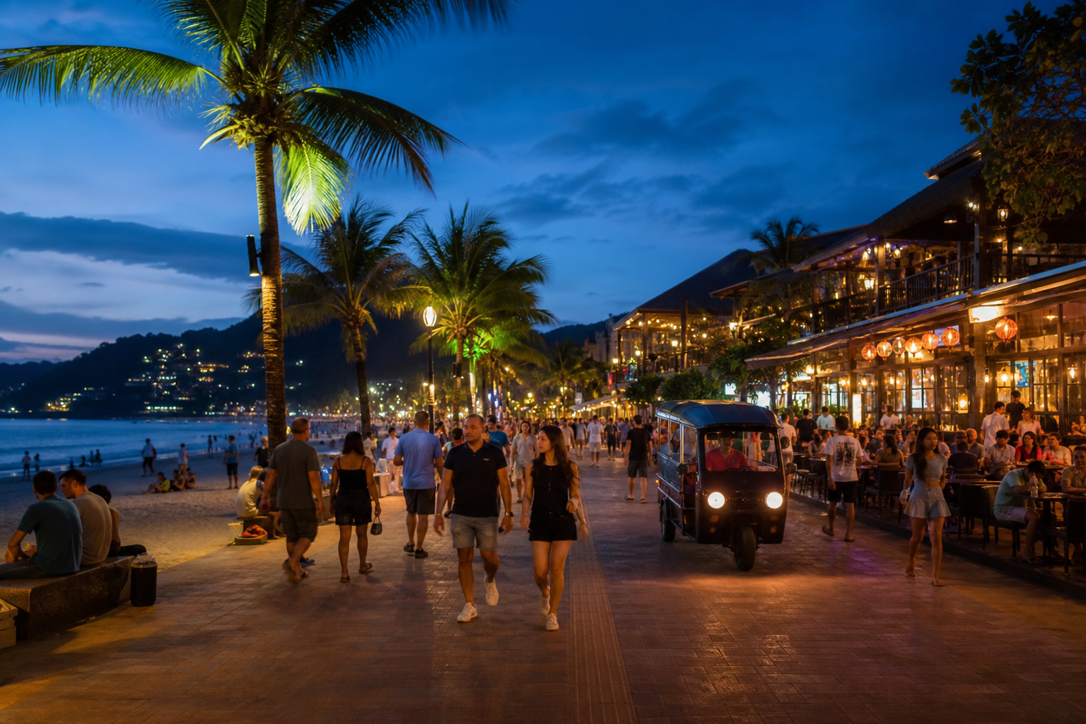 Travelers walk through a lively generic Phuket beach district at blue hour