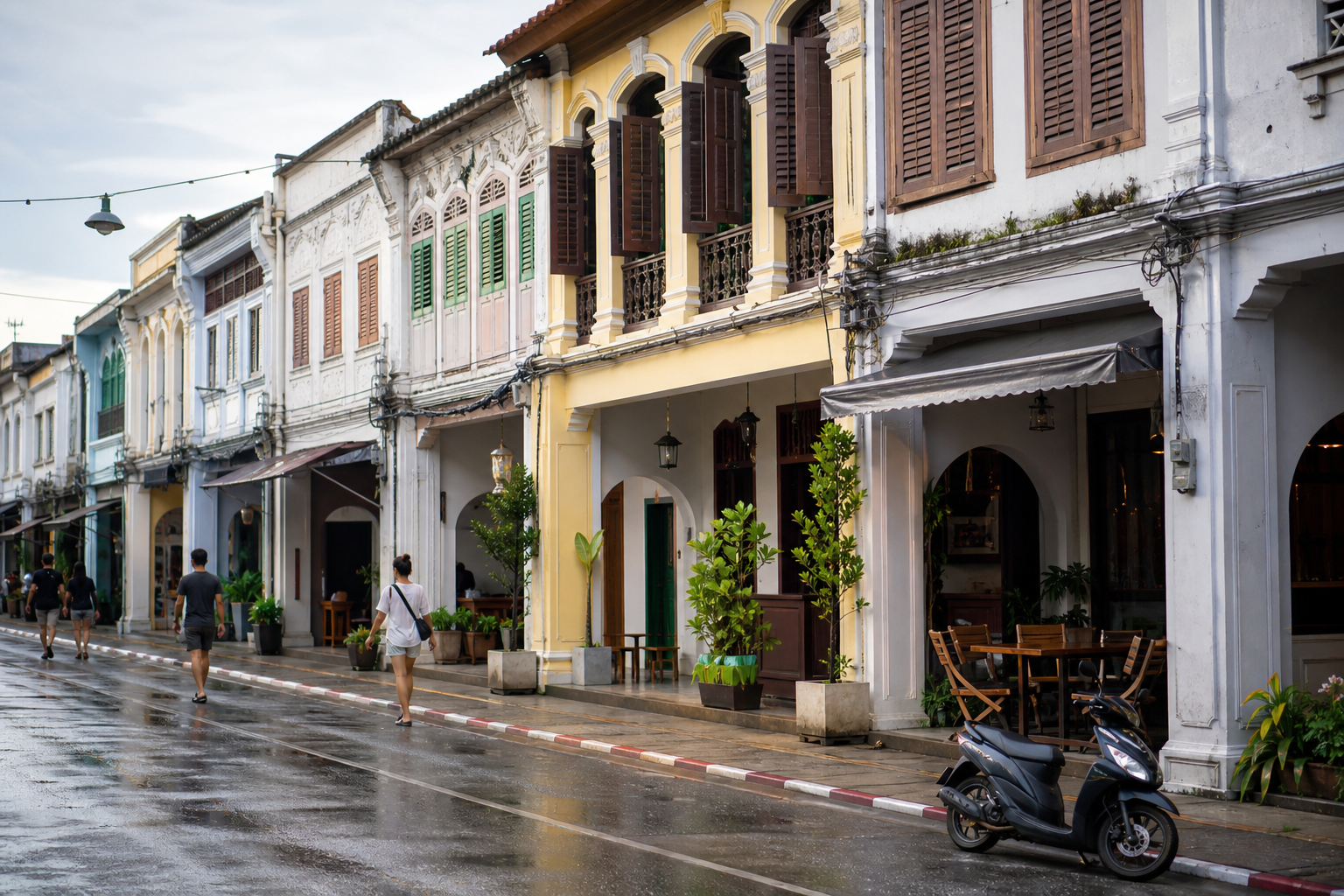 AI-generated editorial streetscape with Sino-Portuguese shophouses and pedestrians in a Phuket Old Town-style setting