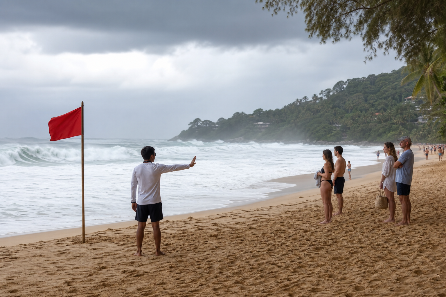 Red warning flag and lifeguard keep visitors out of rough surf at a generic Phuket beach