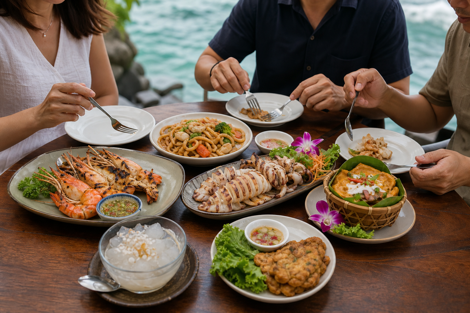 Shared Phuket-style meal with grilled seafood, hor mok, noodles, fritter, chili dip, and jelly dessert