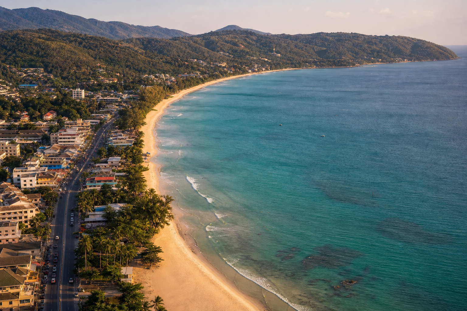 AI-generated elevated editorial view of a Phuket-style west-coast bay with a busier town end and a quieter green end