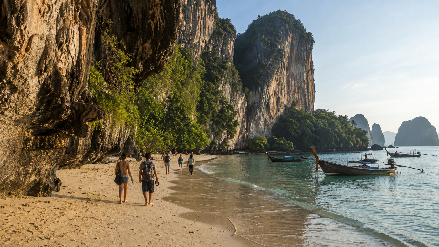 Travelers walking below limestone cliffs on a Railay-style beach