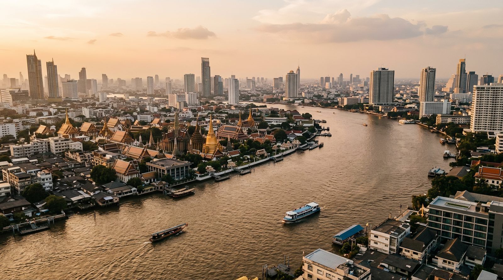 AI editorial illustration of a wide river winding through a city at golden hour with temple spires, towers and boats