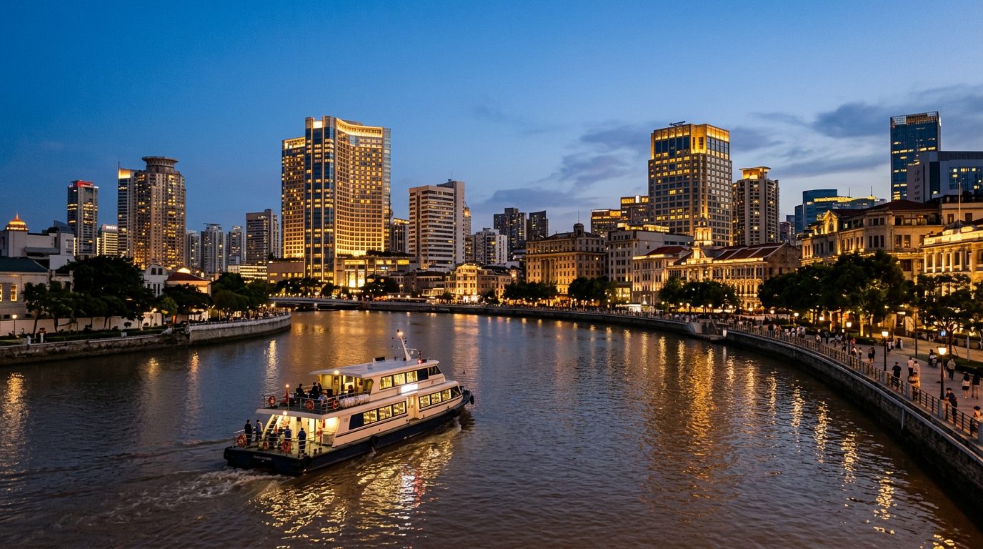 AI editorial illustration of an evening river-city skyline of lit towers with an express ferry on the water
