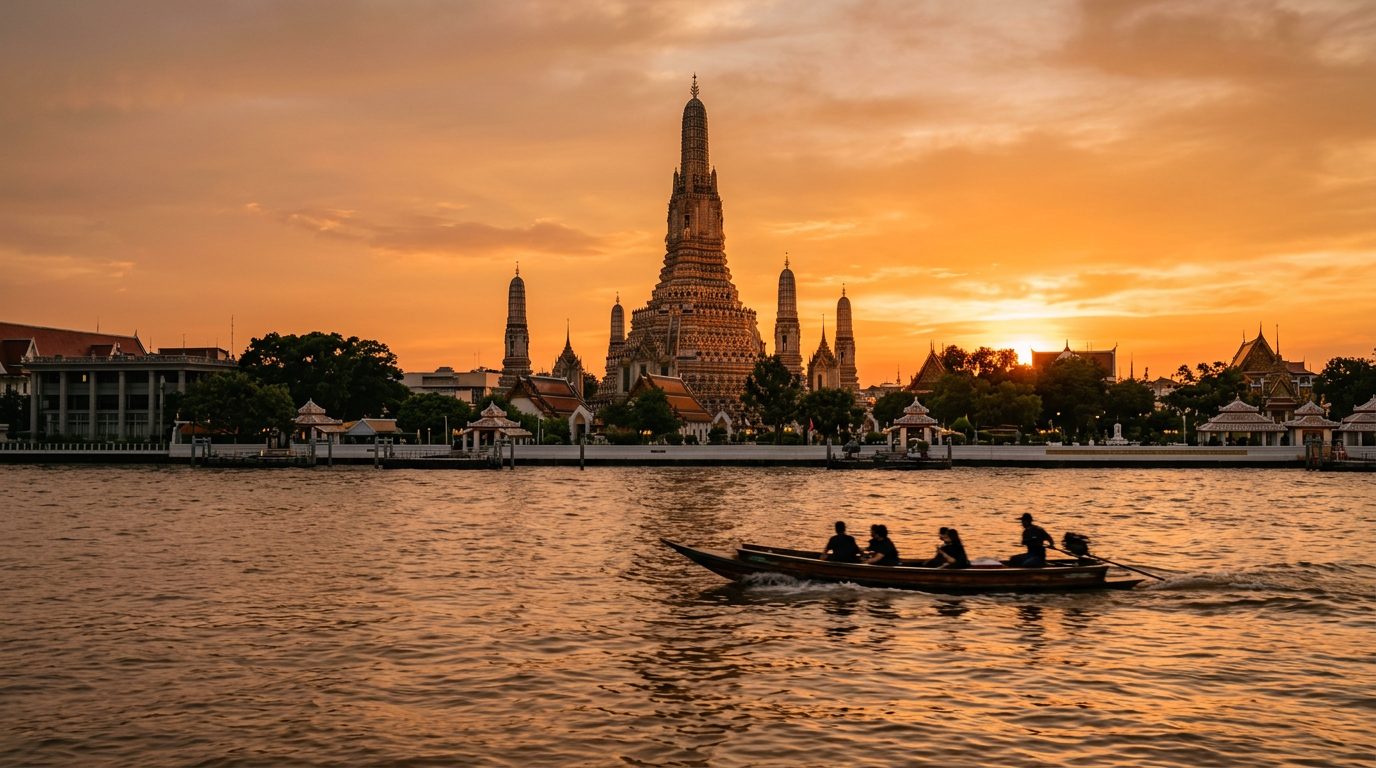 AI editorial illustration of a Khmer-style riverside temple spire at sunset seen across a wide river with a boat