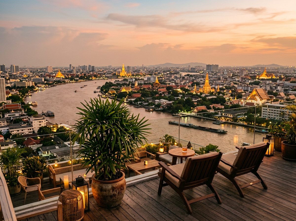 AI editorial illustration of a rooftop terrace at dusk overlooking a wide tropical river winding through a city with temple roofs
