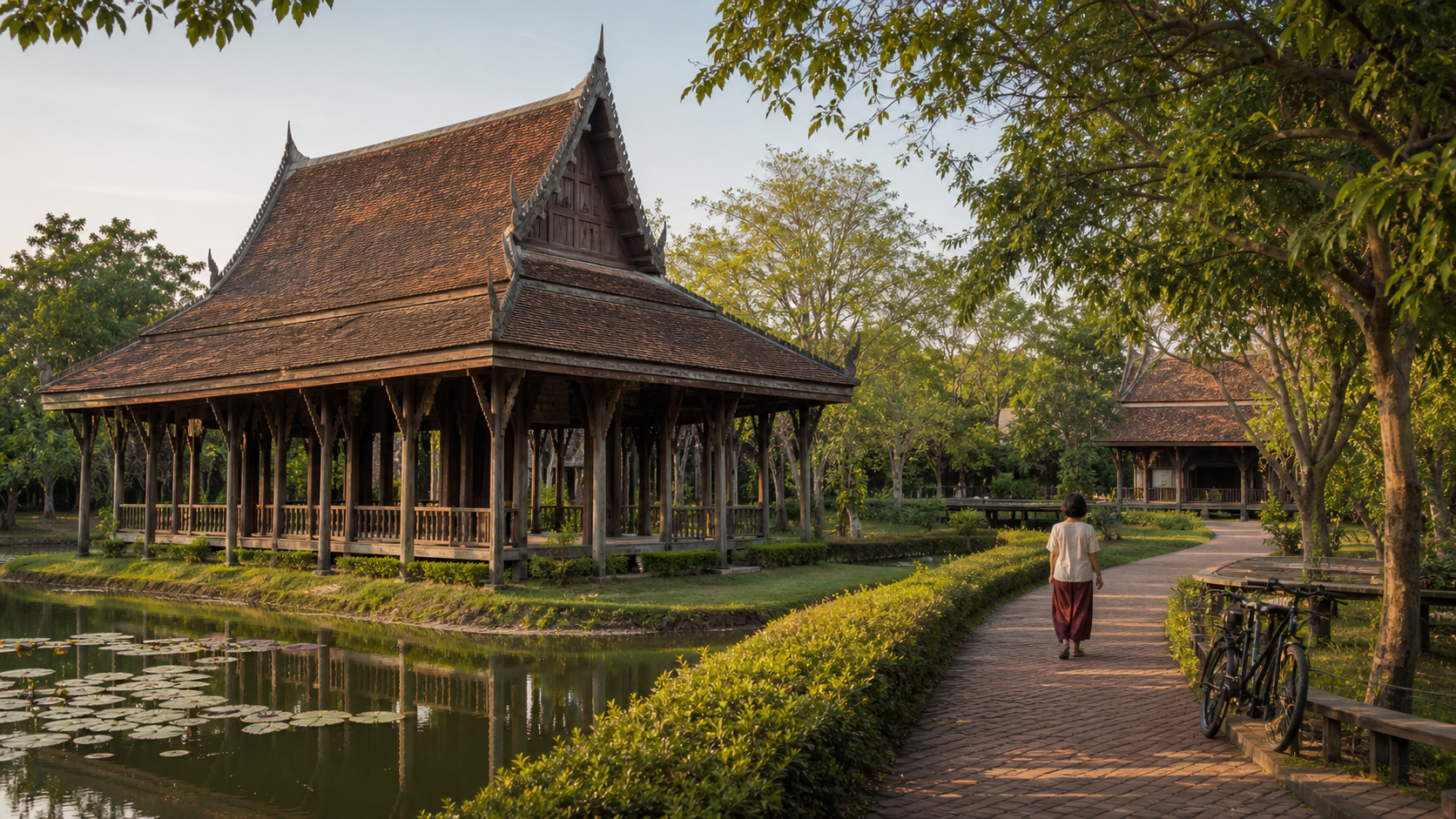 AI editorial illustration of a visitor walking through a generic Thai open-air architecture museum