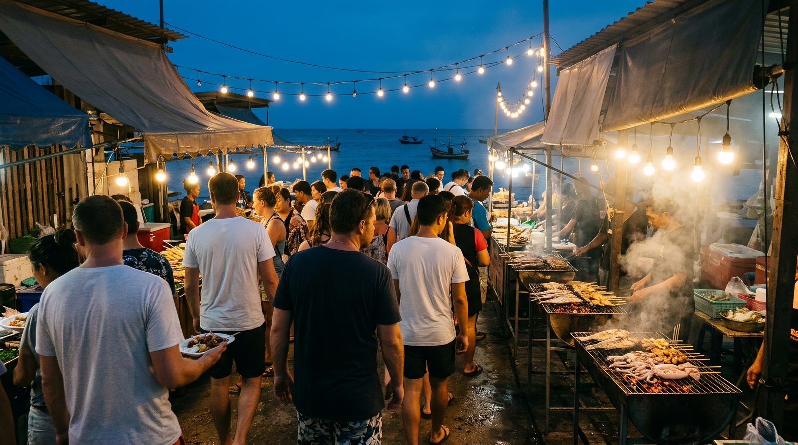 AI editorial illustration of a busy seaside night market at dusk with seafood grills, string lights and an evening crowd