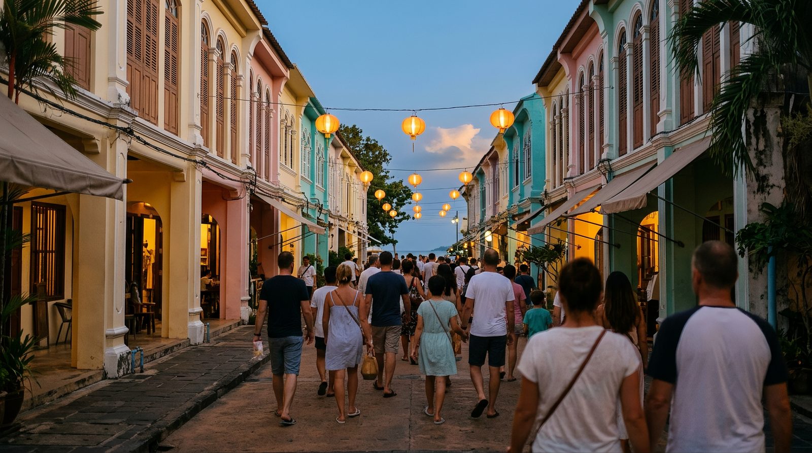 AI editorial illustration of an evening walking street lined with pastel shophouses and paper lanterns on a tropical waterfront