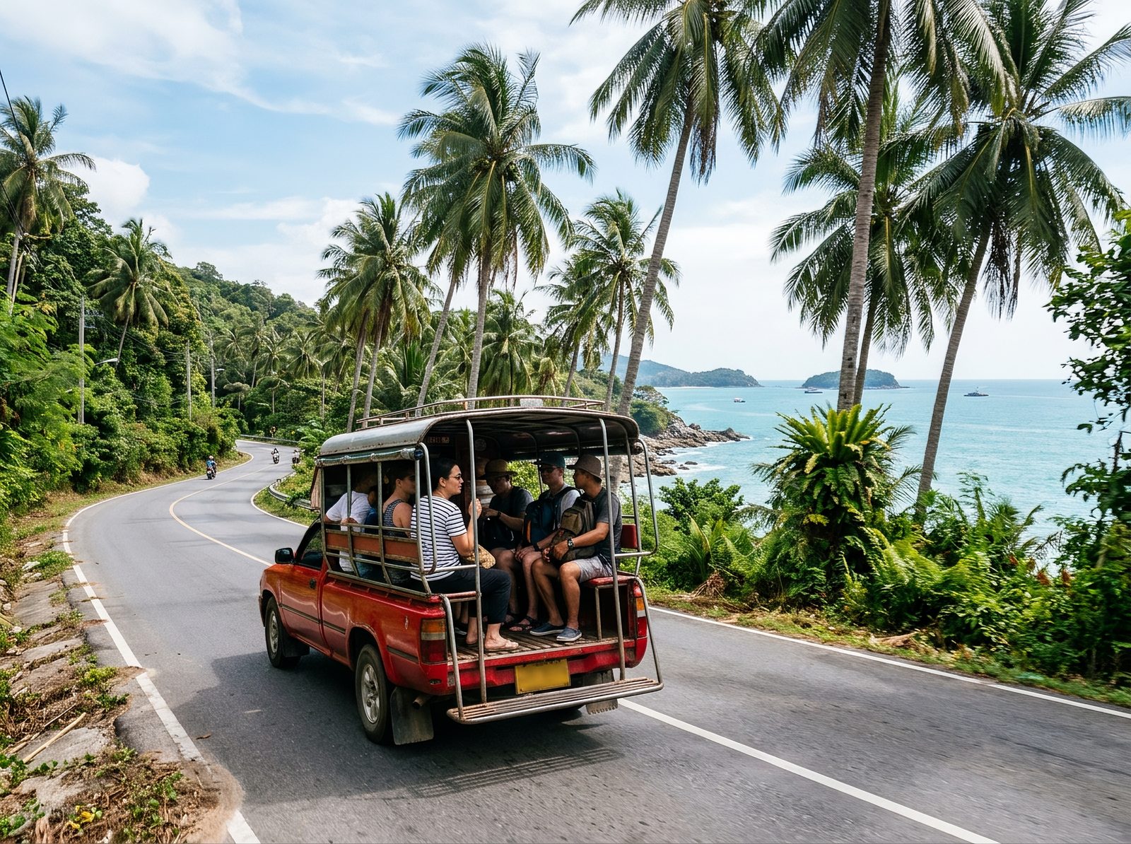 AI editorial illustration of a red shared pickup taxi carrying passengers along a palm-lined coastal island road