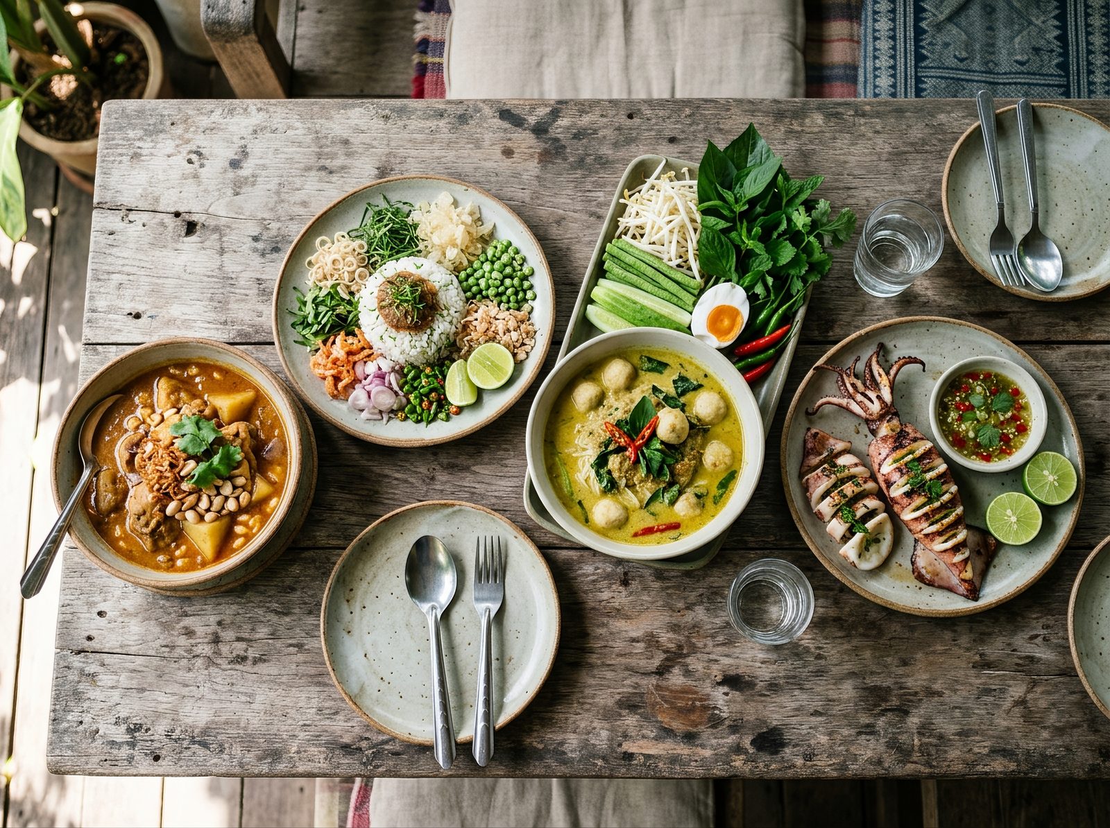 AI editorial illustration of a southern Thai meal with massaman curry, herb rice salad, curry noodles and grilled squid