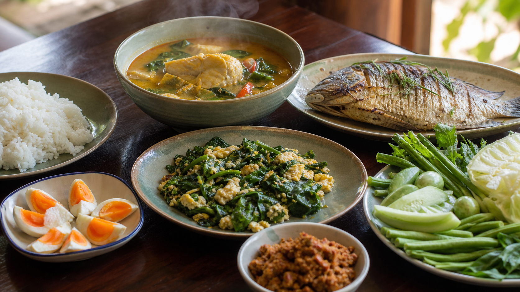 AI editorial illustration of Southern Thai fish curry, grilled fish, bai liang with egg, rice and vegetables