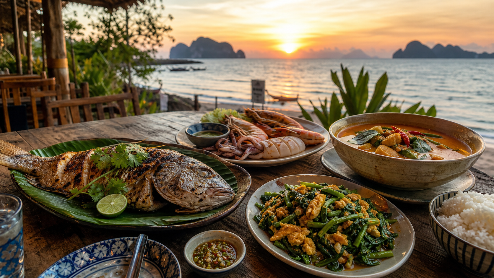 Southern Thai seafood dishes arranged on a table beside the sea at sunset