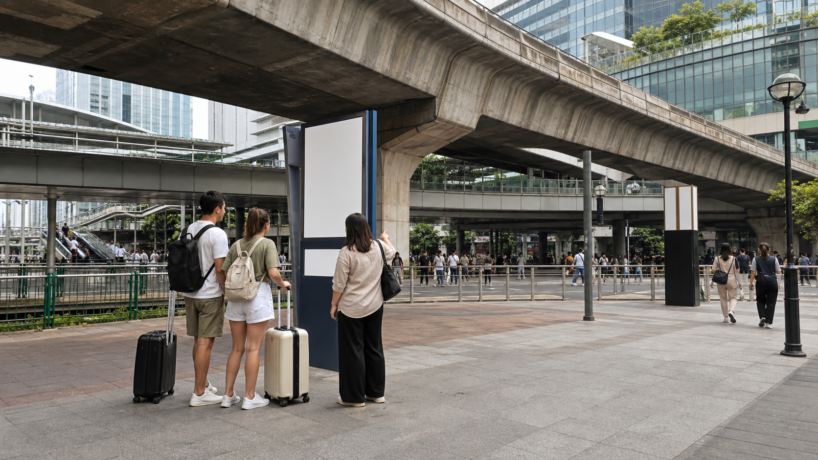 Travelers with luggage orienting themselves near an elevated rail interchange in central Bangkok