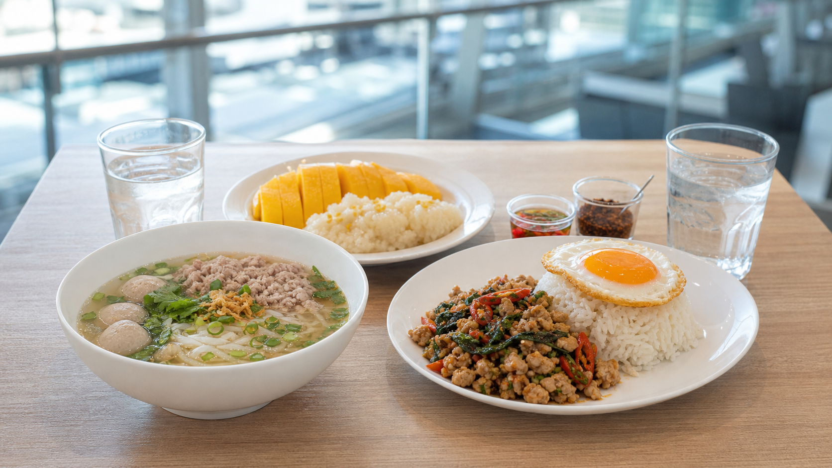 AI editorial illustration of Thai noodle soup, basil stir-fry with rice and egg, and mango sticky rice
