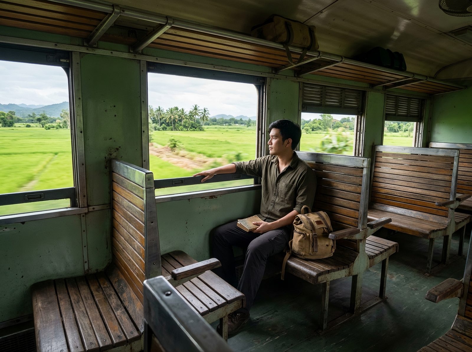 AI editorial illustration of a traveler seated by an open window in a simple regional train carriage passing rice fields