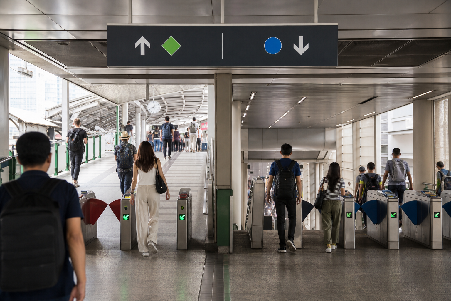 Travelers follow generic signs between separate elevated and underground rail fare gates