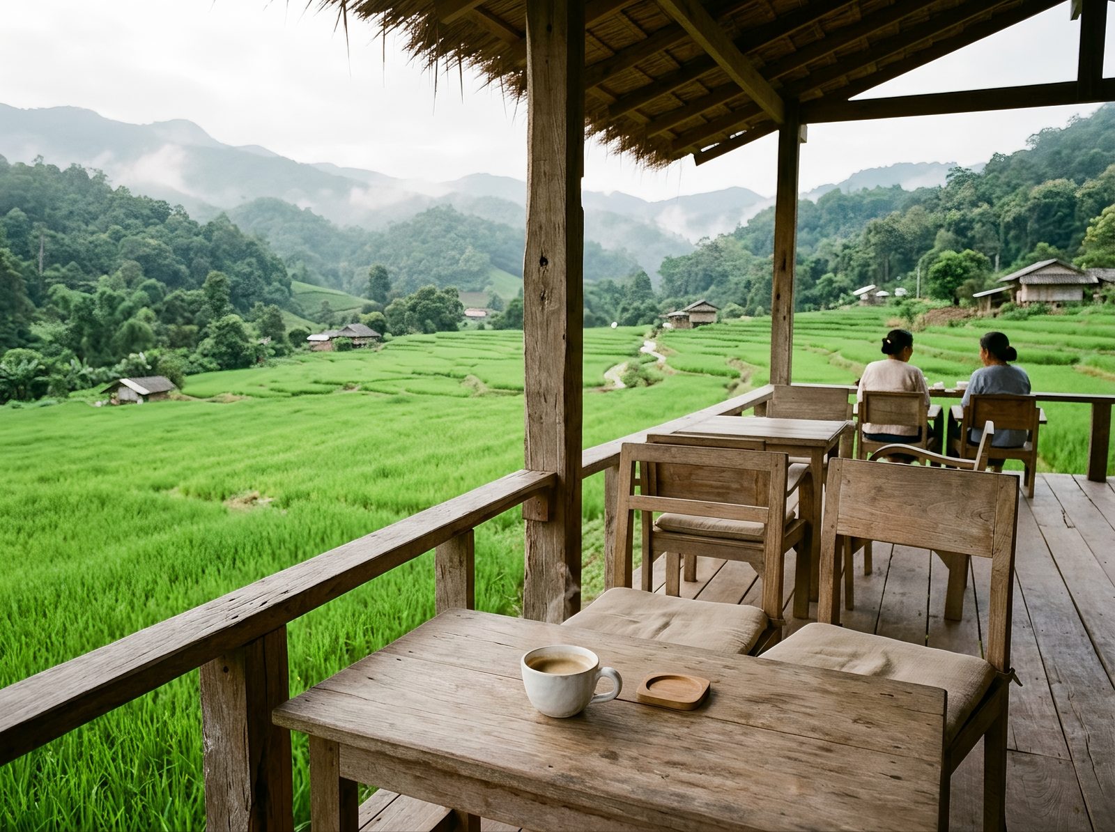AI editorial illustration of a wooden cafe deck overlooking green rice fields and misty hills with a coffee cup in the foreground