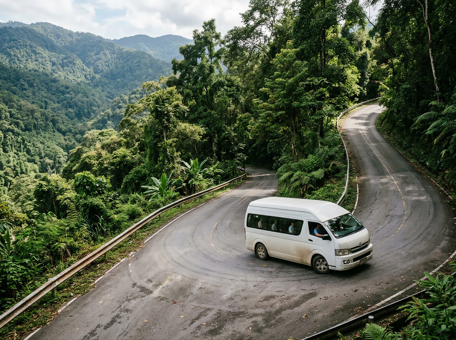 AI editorial illustration of a minivan on a tight hairpin curve of a forested mountain road in northern Thailand