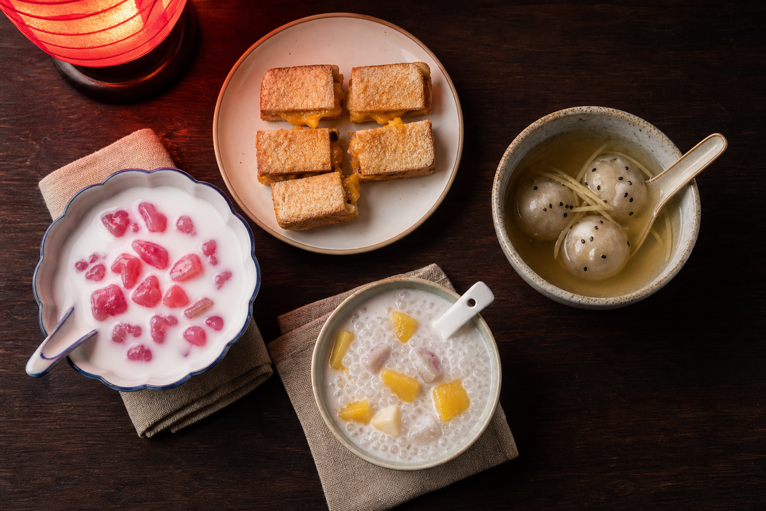 Conceptual assortment of toast and Chinese-Thai desserts on a dark table