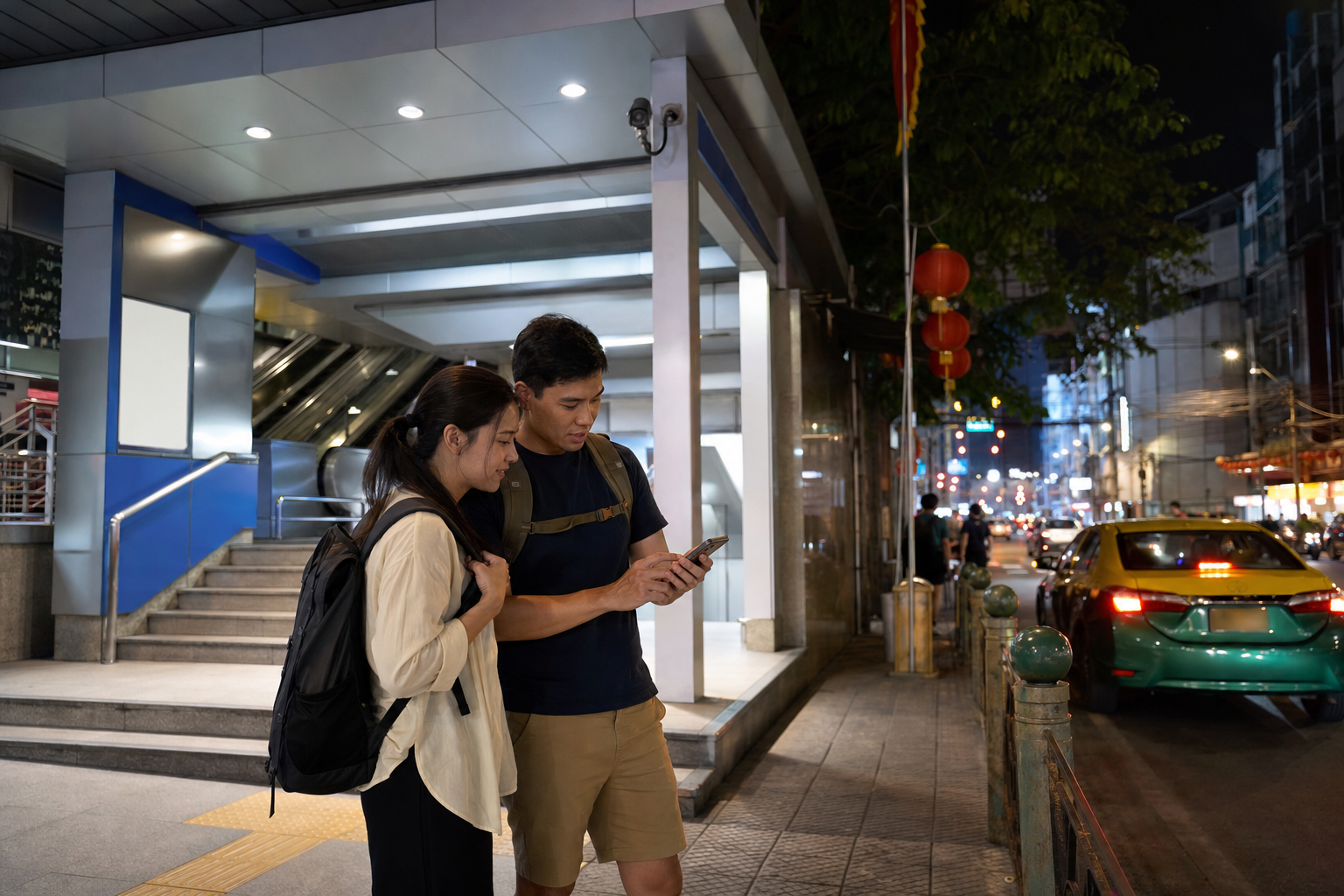 Travelers check the last train beside a generic rail entrance with a taxi backup