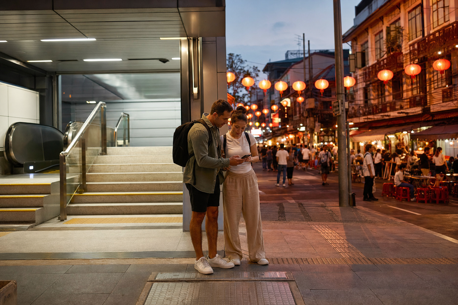 Travelers check their route beside a generic rail station exit near a Chinatown food street