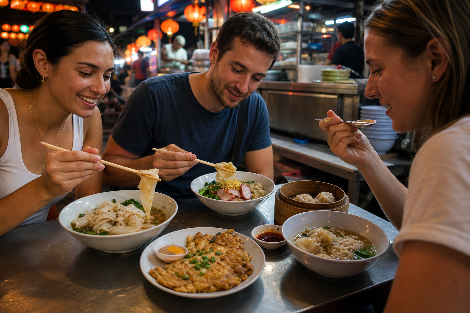 Travelers share noodles, dim sum, and an omelet at a generic Chinatown food table