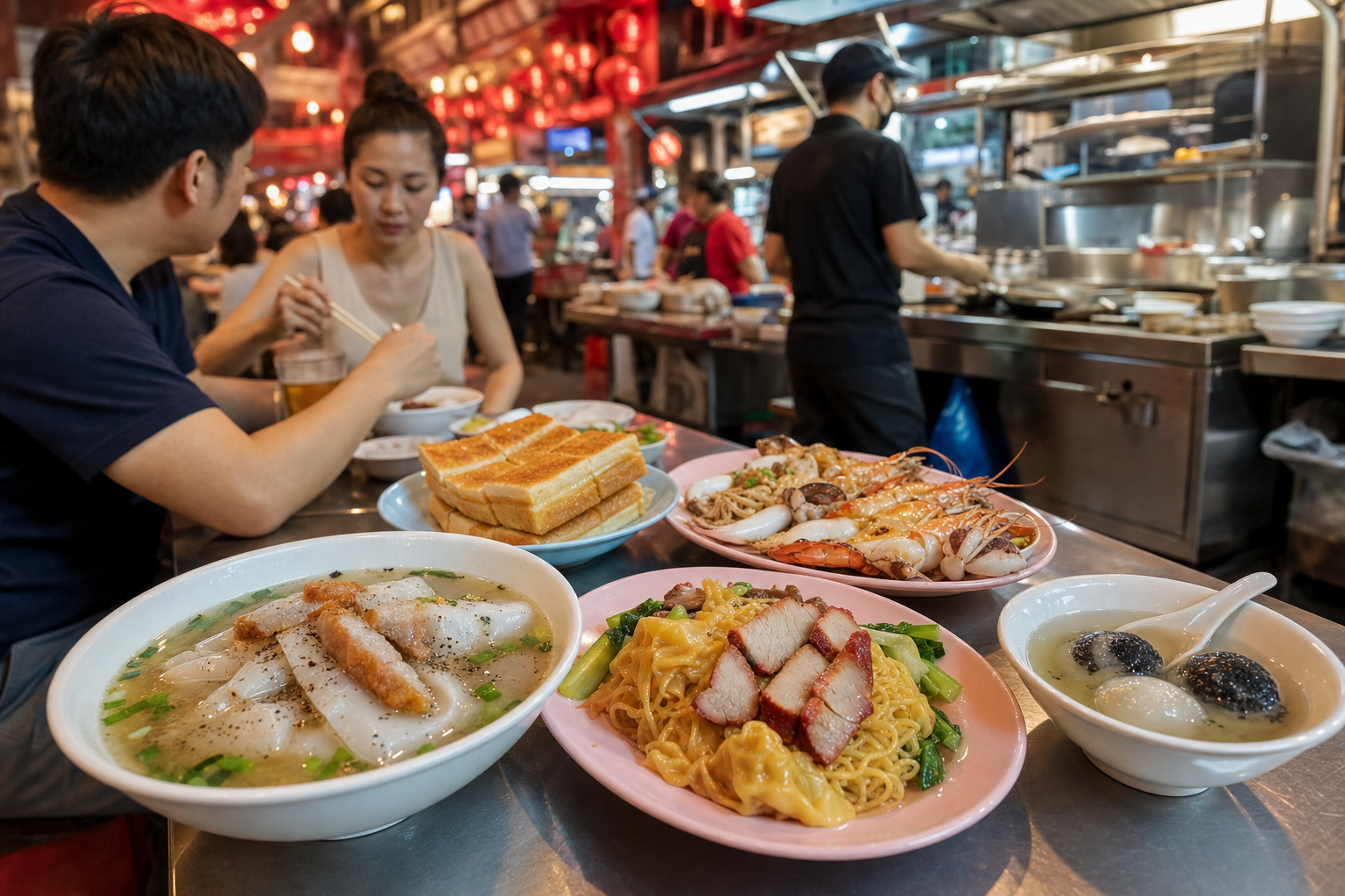 Shared Chinatown meal with rolled noodle soup, pork noodles, grilled seafood, toast, and sesame dumplings