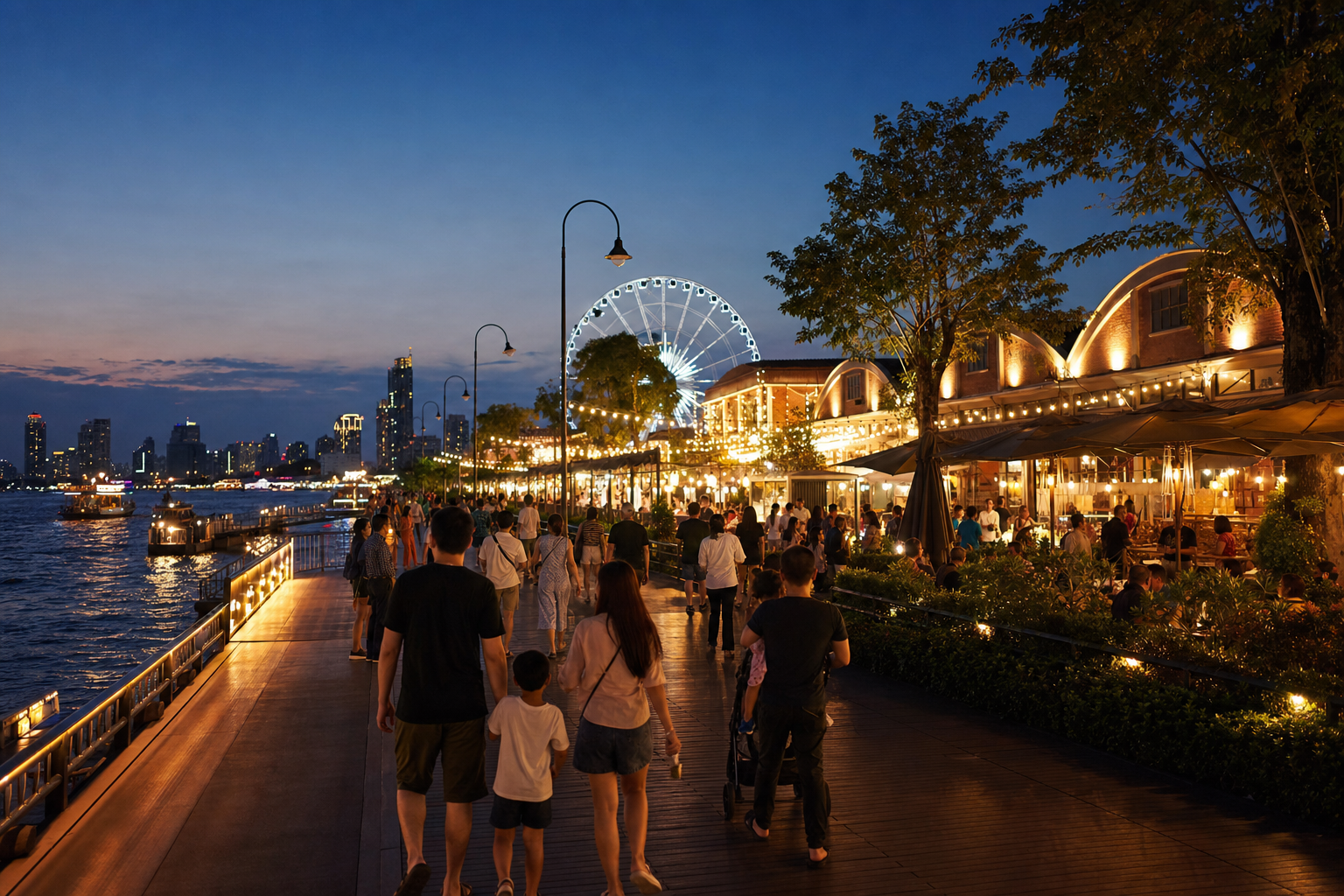 AI-generated editorial evening illustration of a Bangkok riverside market promenade and Ferris wheel silhouette