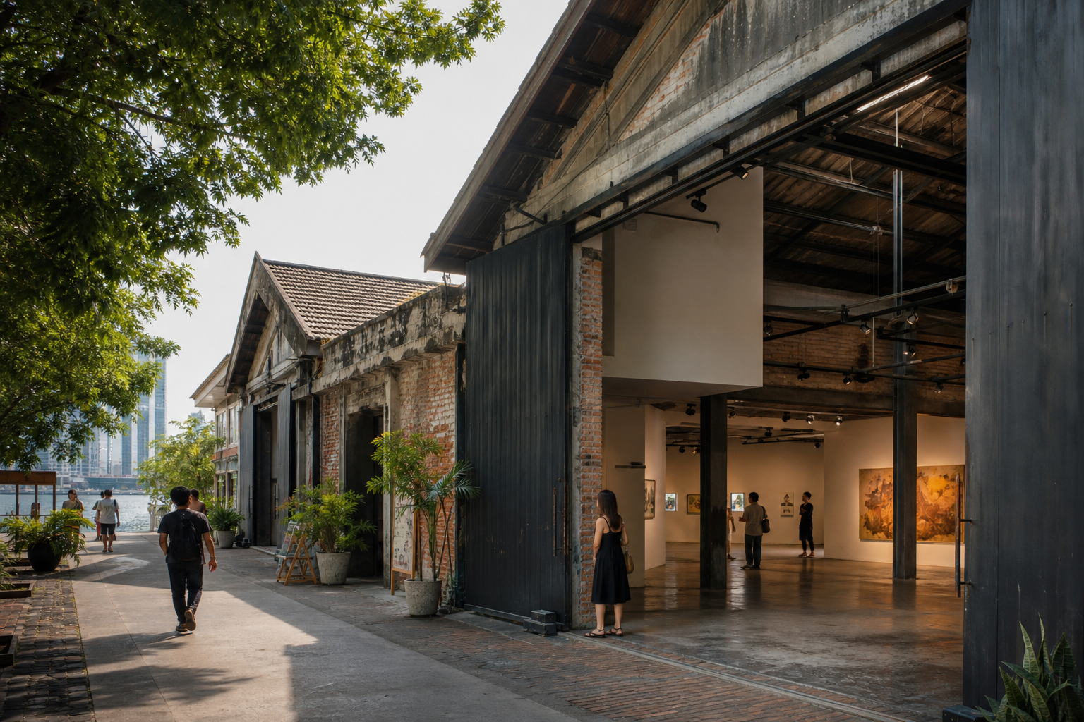 AI-generated editorial view of a reused warehouse beside the Chao Phraya in Bangkok's Creative District