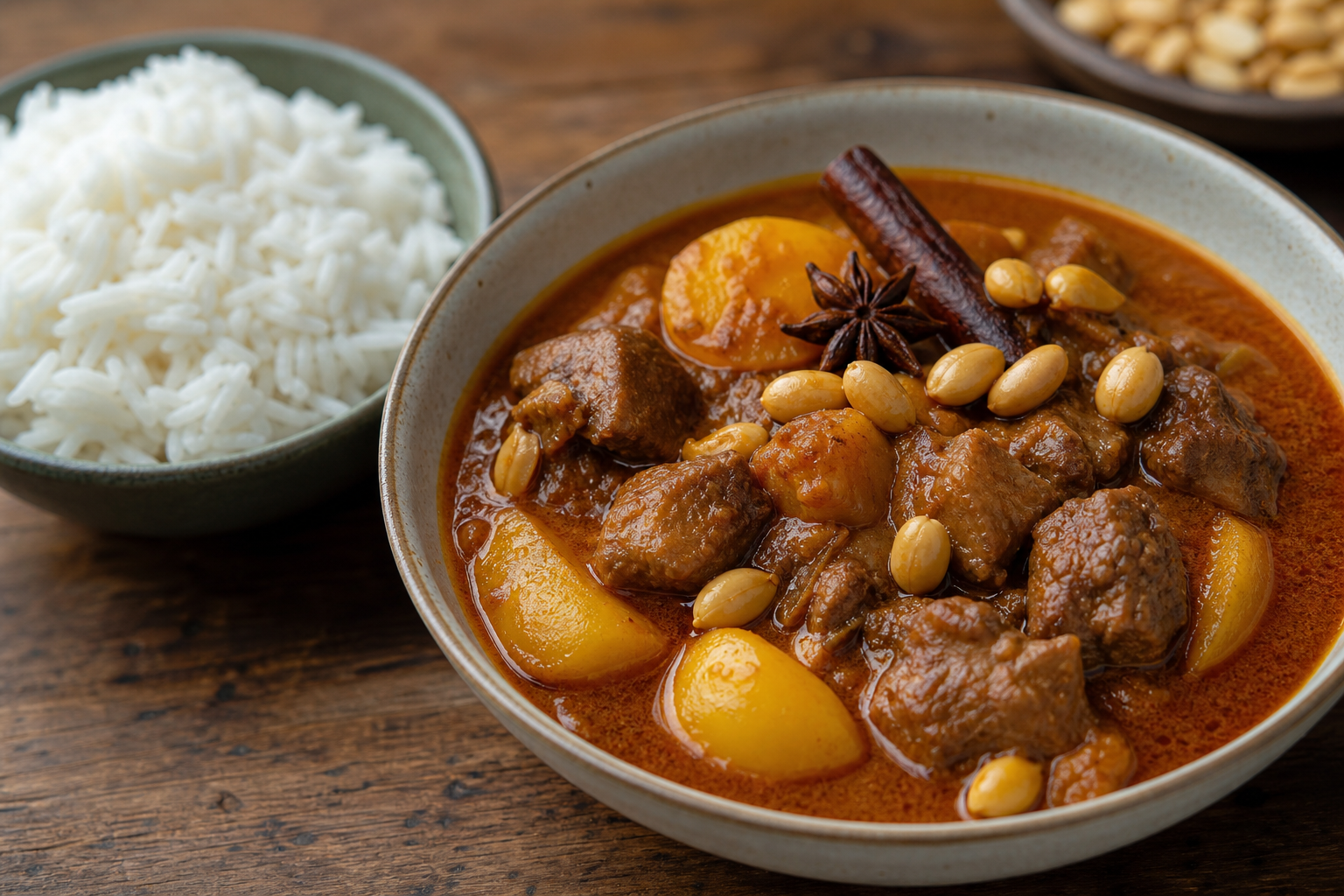 AI editorial illustration of a rich slow-cooked curry with potatoes and peanuts beside a bowl of jasmine rice