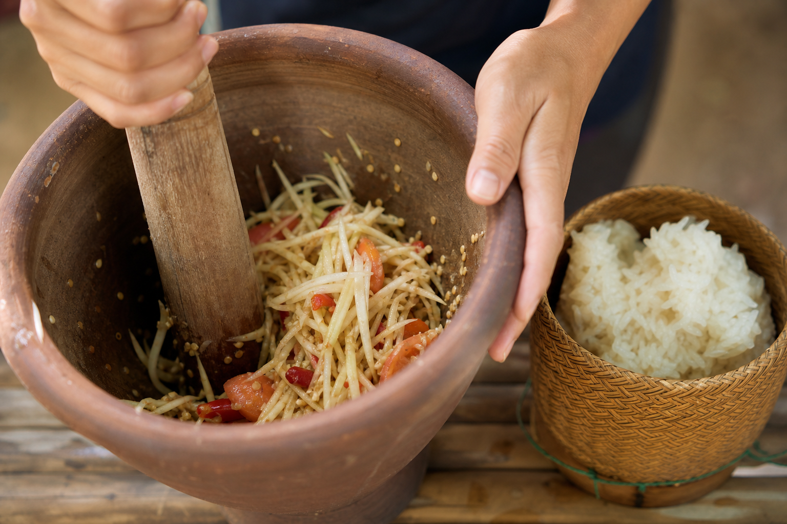 AI editorial illustration of green papaya salad being pounded in a clay mortar with a basket of sticky rice beside it