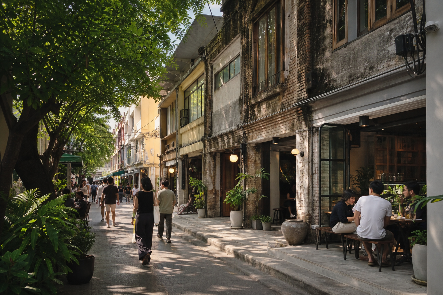 AI-generated editorial view of restored Song Wat shophouses and a shaded walking lane