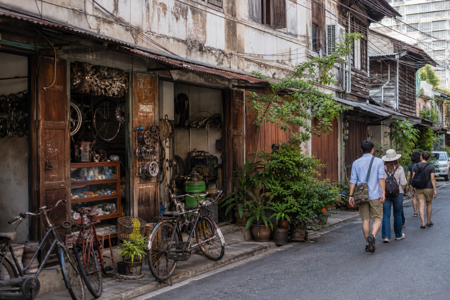 AI-generated editorial view of a Talat Noi lane beside a working workshop