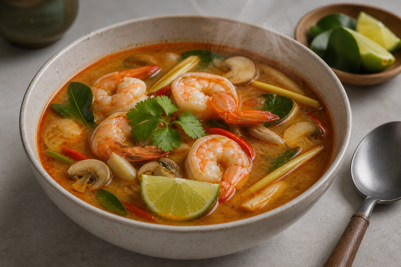 AI editorial illustration of a bowl of hot and sour prawn soup with lemongrass and lime leaf, steam rising